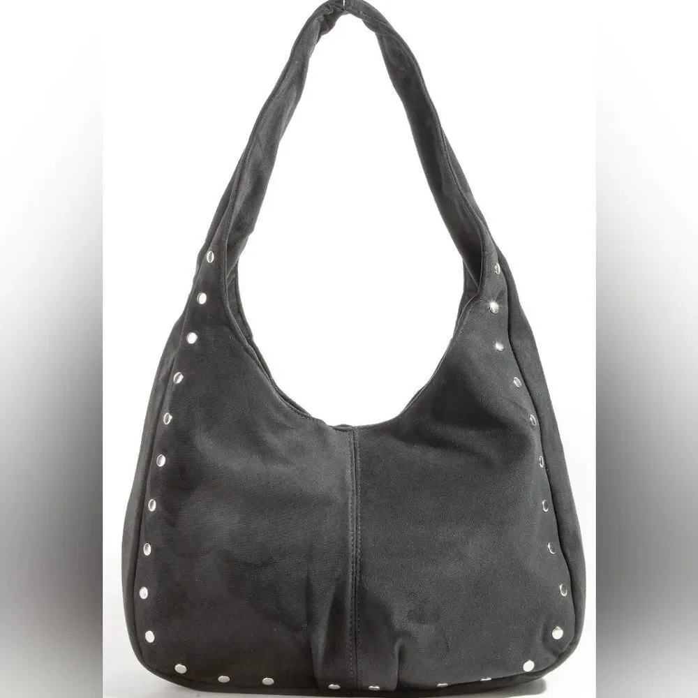 Comfy Casual Cute Cowgirl's Silver Stud Trim Suede Hobo Bag - Black Brown Khaki